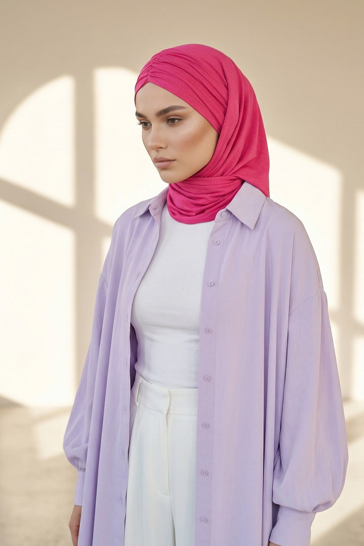 Pre-Styled Draped Jersey Hijab - Non-Slip, Breathable & Comfortable Ready-to-Wear Shawl,CPS-95 Fuchsia