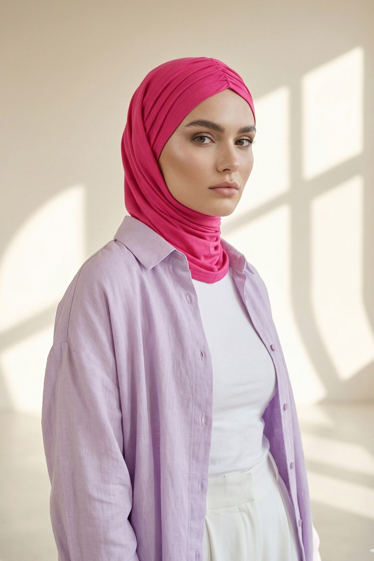 Pre-Styled Draped Jersey Hijab - Non-Slip, Breathable & Comfortable Ready-to-Wear Shawl,CPS-95 Fuchsia