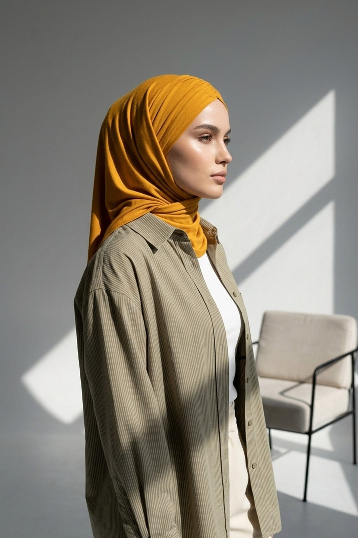 Pre-Styled Draped Jersey Hijab - Non-Slip, Breathable & Comfortable Ready-to-Wear Shawl,CPS-95 Mustard Yellow