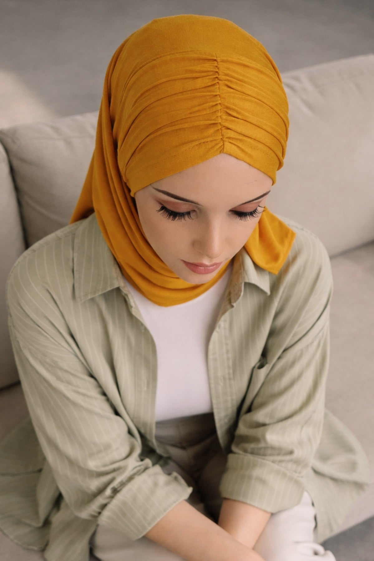 Pre-Styled Draped Jersey Hijab - Non-Slip, Breathable & Comfortable Ready-to-Wear Shawl,CPS-95 Mustard Yellow