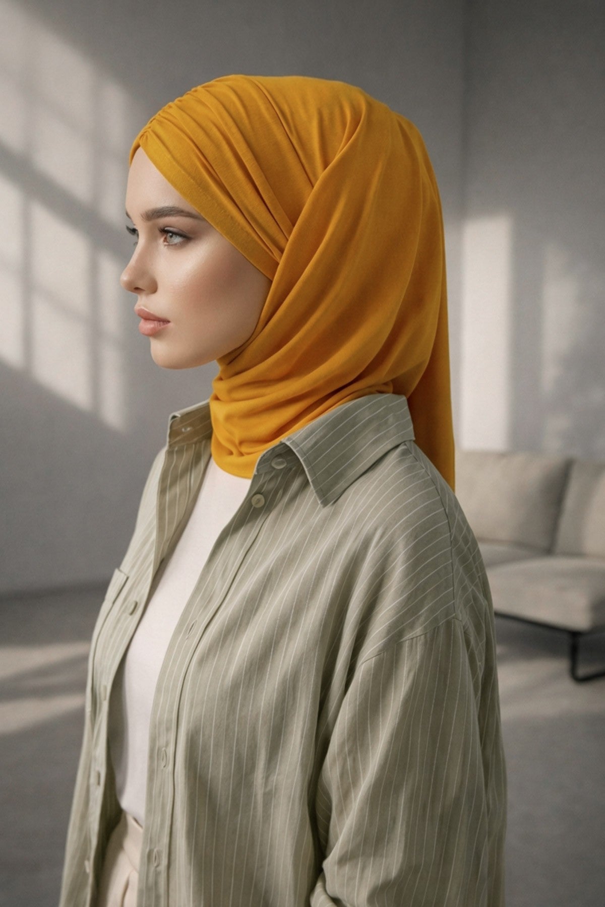 Pre-Styled Draped Jersey Hijab - Non-Slip, Breathable & Comfortable Ready-to-Wear Shawl,CPS-95 Mustard Yellow