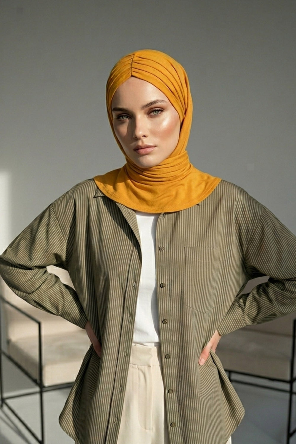 Pre-Styled Draped Jersey Hijab - Non-Slip, Breathable & Comfortable Ready-to-Wear Shawl,CPS-95 Mustard Yellow