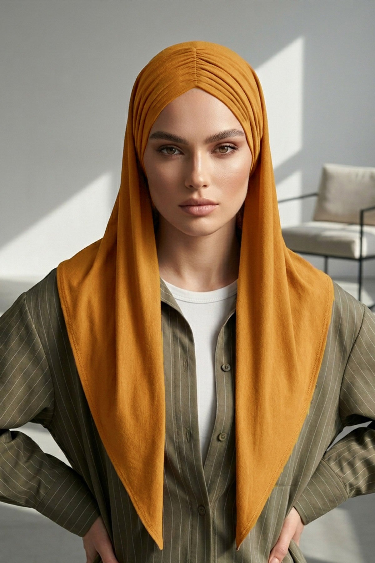 Pre-Styled Draped Jersey Hijab - Non-Slip, Breathable & Comfortable Ready-to-Wear Shawl,CPS-95 Mustard Yellow