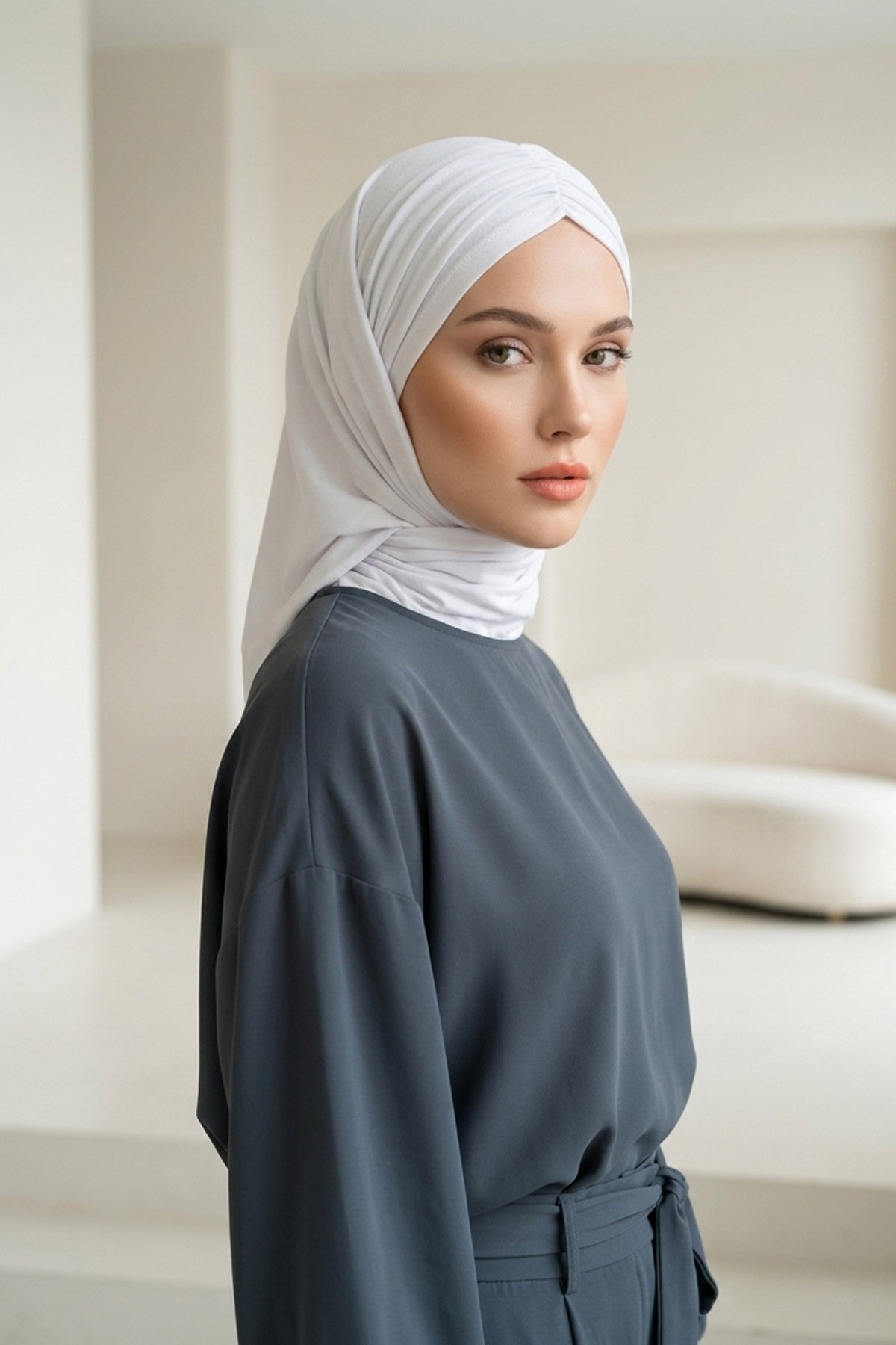 Pre-Styled Draped Jersey Hijab - Non-Slip, Breathable & Comfortable Ready-to-Wear Shawl,CPS-95 White