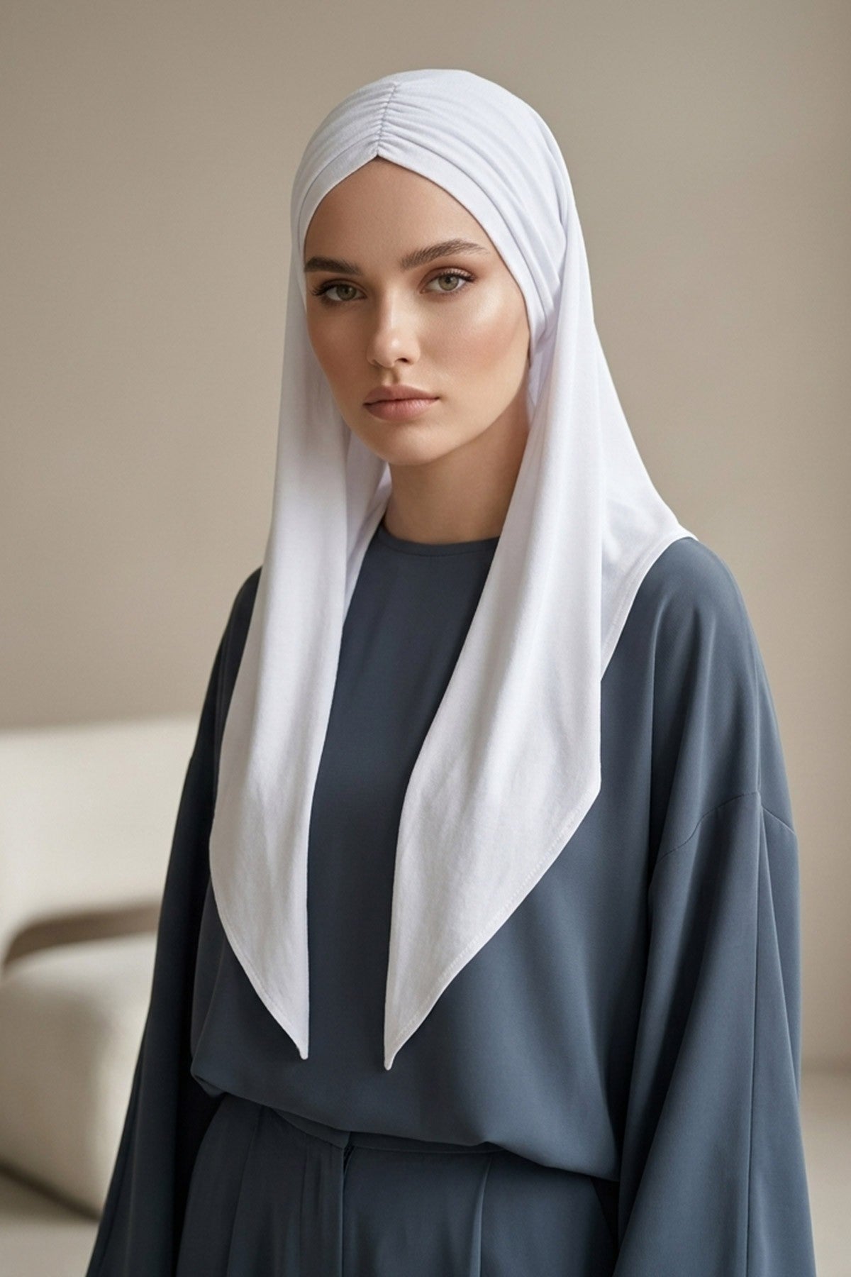 Pre-Styled Draped Jersey Hijab - Non-Slip, Breathable & Comfortable Ready-to-Wear Shawl,CPS-95 White