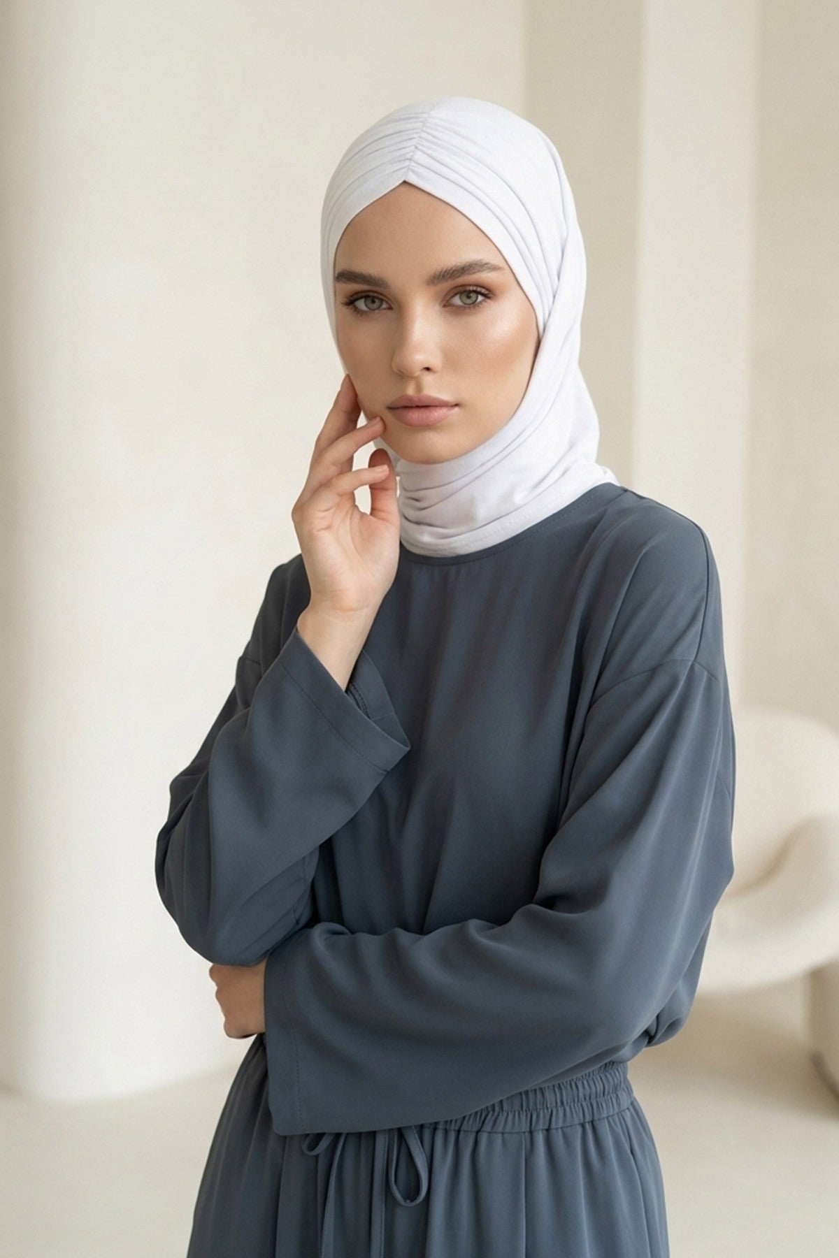 Pre-Styled Draped Jersey Hijab - Non-Slip, Breathable & Comfortable Ready-to-Wear Shawl,CPS-95 White