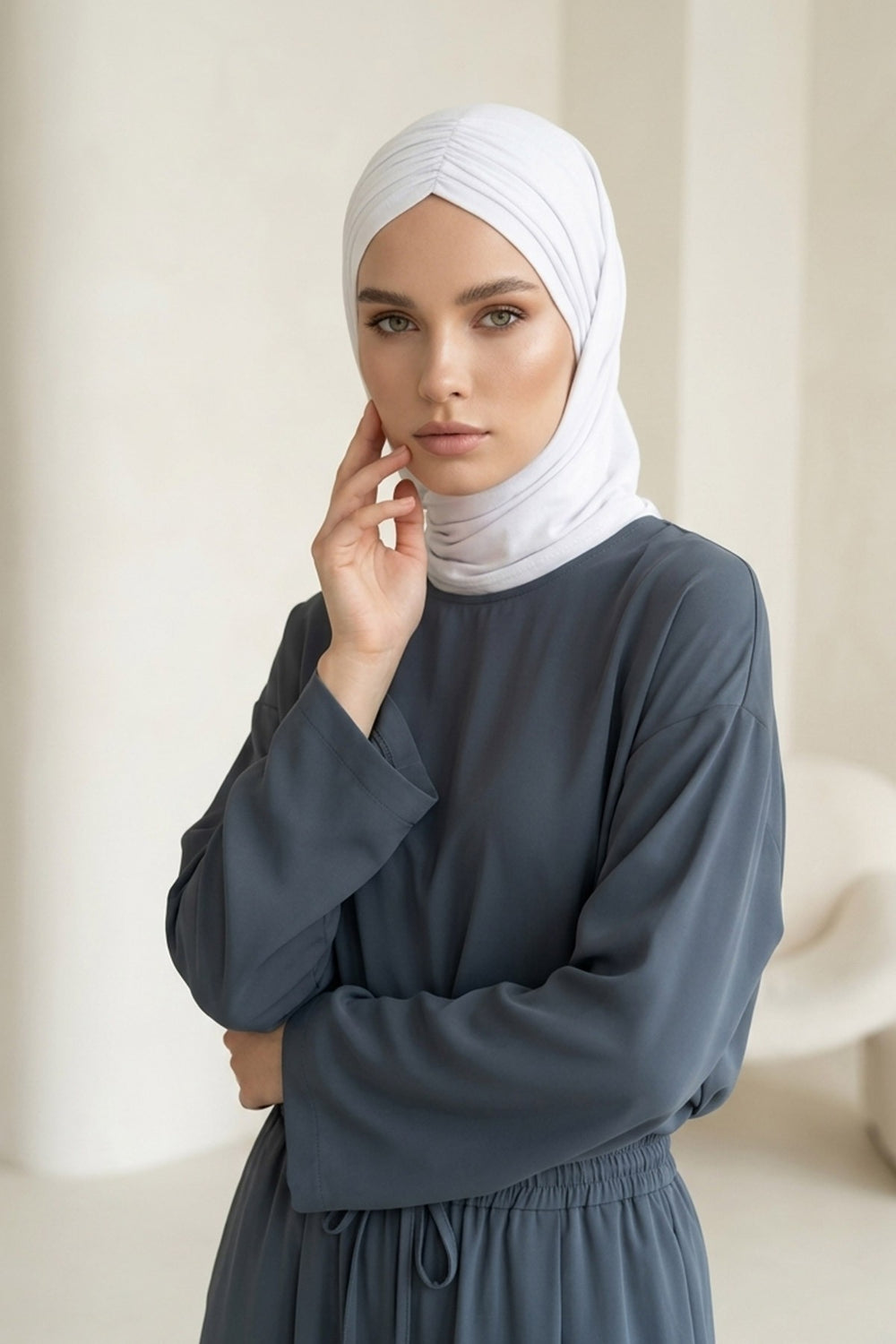 Pre-Styled Draped Jersey Hijab - Non-Slip, Breathable & Comfortable Ready-to-Wear Shawl,CPS-95 White