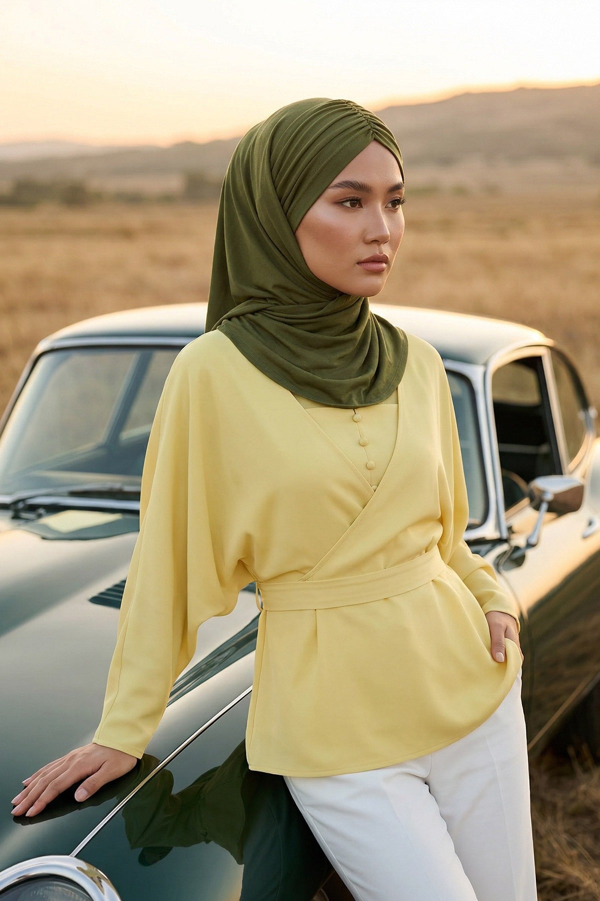 Pre-Styled Draped Jersey Hijab - Non-Slip, Breathable & Comfortable Ready-to-Wear Shawl,CPS-95 Army Green