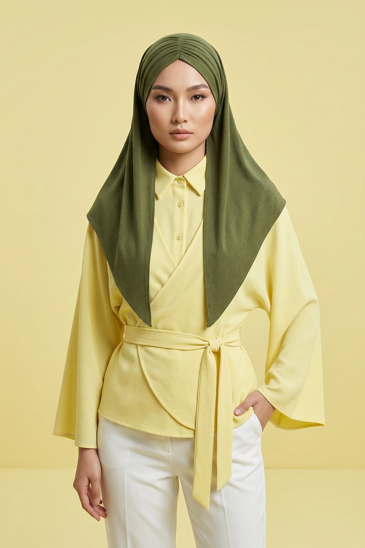 Pre-Styled Draped Jersey Hijab - Non-Slip, Breathable & Comfortable Ready-to-Wear Shawl,CPS-95 Army Green