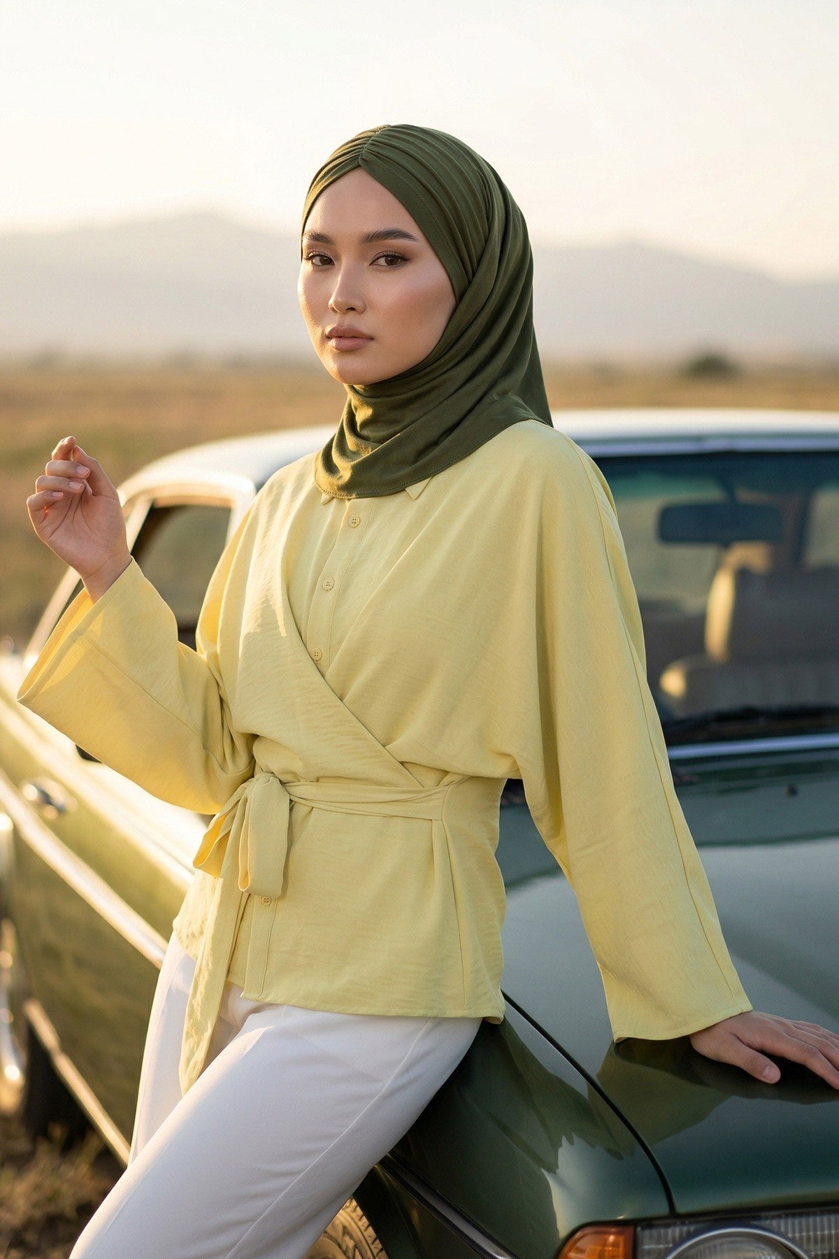 Pre-Styled Draped Jersey Hijab - Non-Slip, Breathable & Comfortable Ready-to-Wear Shawl,CPS-95 Army Green