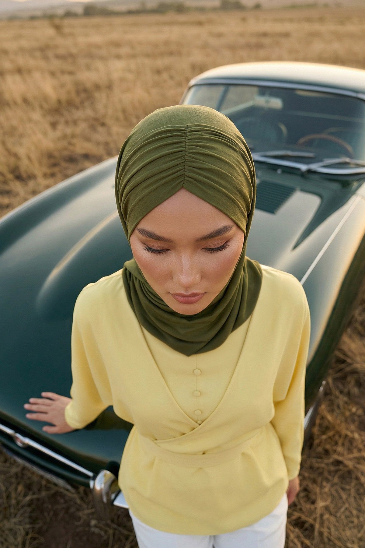Pre-Styled Draped Jersey Hijab - Non-Slip, Breathable & Comfortable Ready-to-Wear Shawl,CPS-95 Army Green