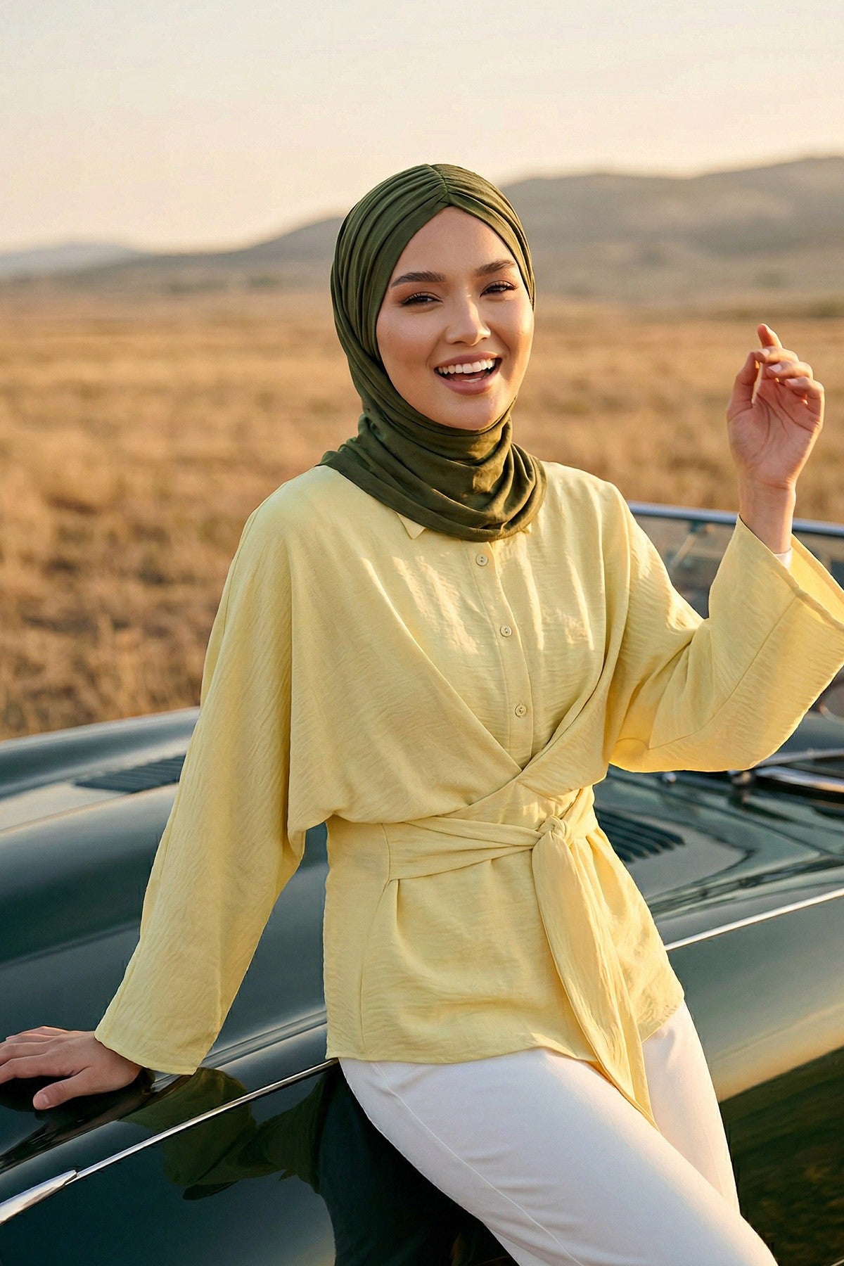 Pre-Styled Draped Jersey Hijab - Non-Slip, Breathable & Comfortable Ready-to-Wear Shawl,CPS-95 Army Green