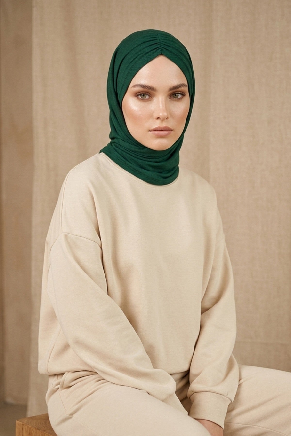 Pre-Styled Draped Jersey Hijab - Non-Slip, Breathable & Comfortable Ready-to-Wear Shawl,CPS-95 Green
