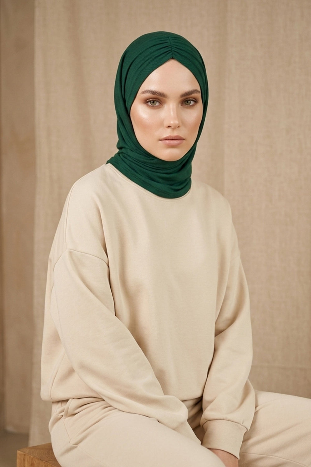Pre-Styled Draped Jersey Hijab - Non-Slip, Breathable & Comfortable Ready-to-Wear Shawl,CPS-95 Green