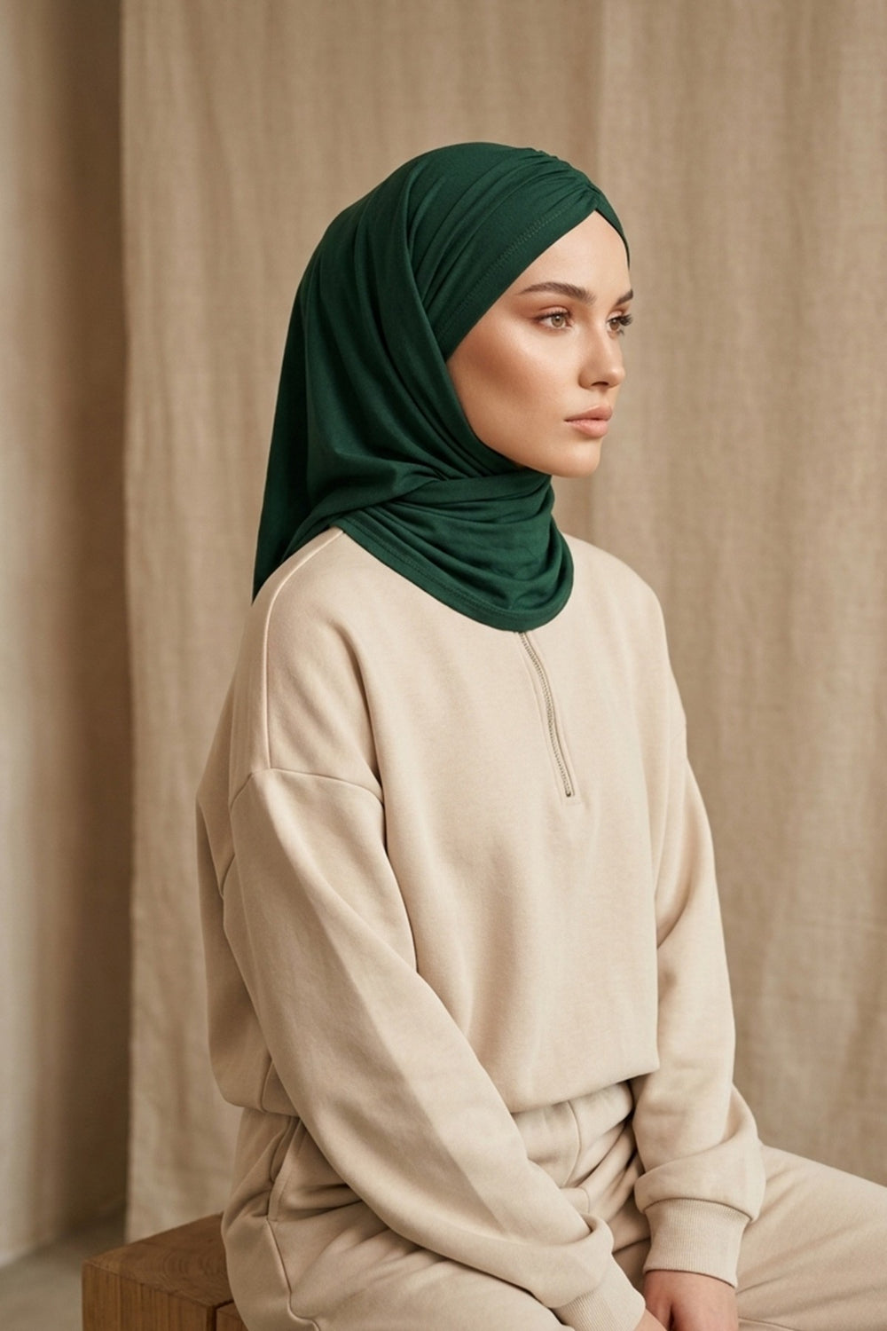 Pre-Styled Draped Jersey Hijab - Non-Slip, Breathable & Comfortable Ready-to-Wear Shawl,CPS-95 Green