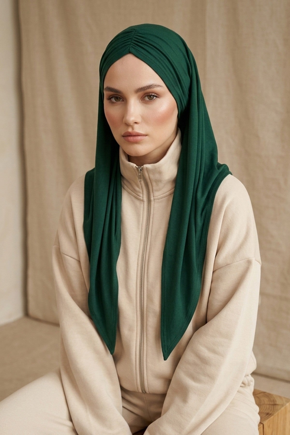 Pre-Styled Draped Jersey Hijab - Non-Slip, Breathable & Comfortable Ready-to-Wear Shawl,CPS-95 Green