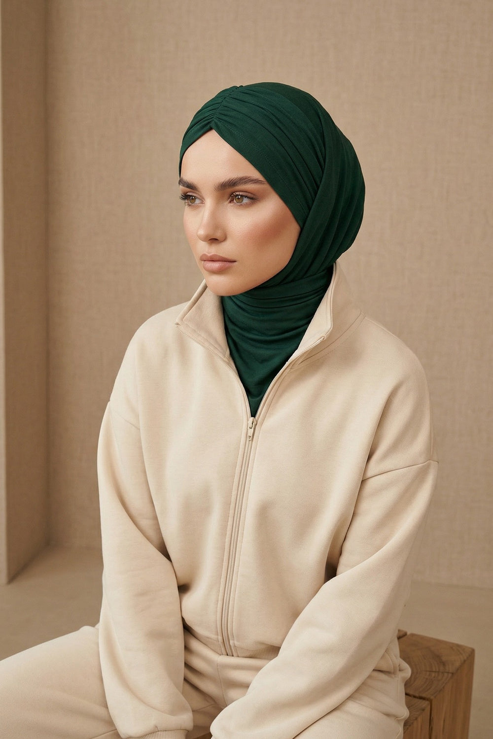 Pre-Styled Draped Jersey Hijab - Non-Slip, Breathable & Comfortable Ready-to-Wear Shawl,CPS-95 Green