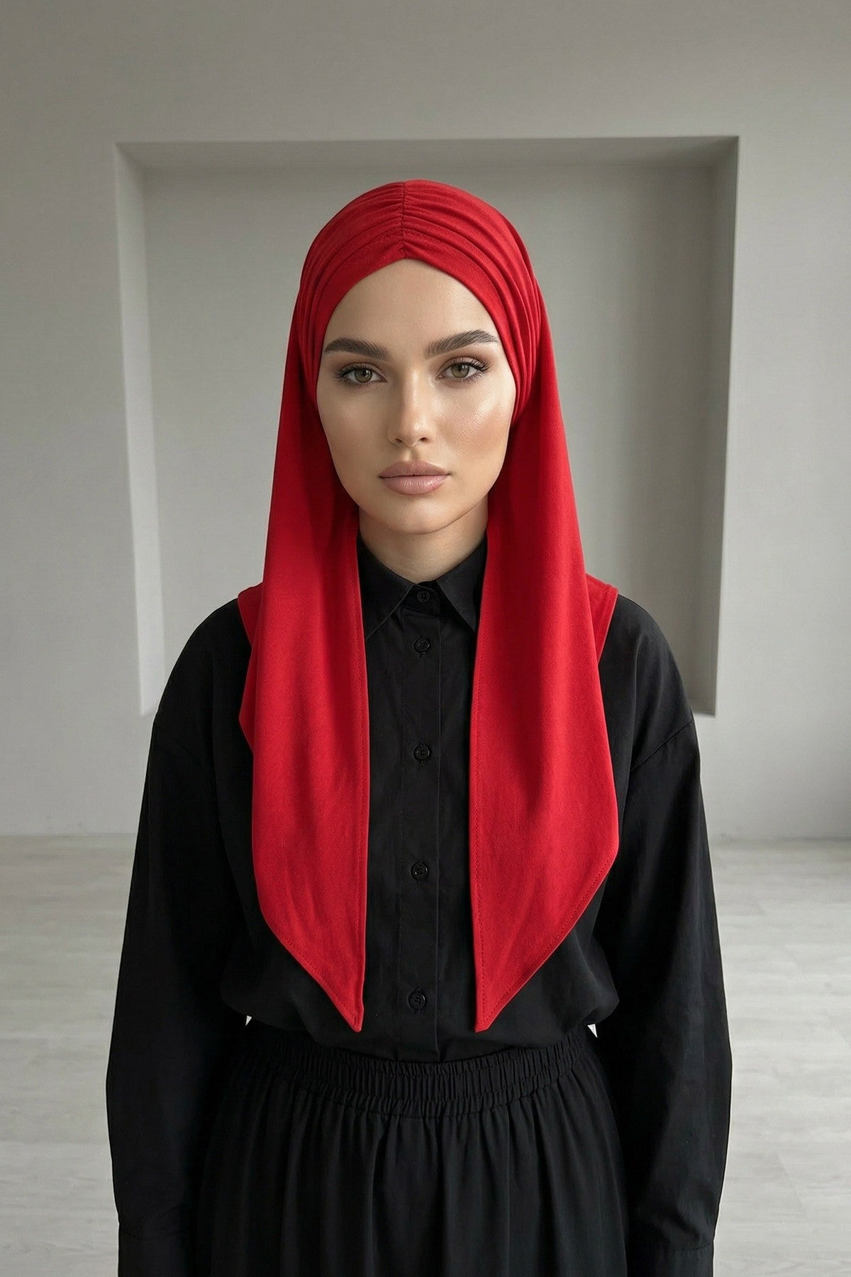 Pre-Styled Draped Jersey Hijab - Non-Slip, Breathable & Comfortable Ready-to-Wear Shawl,CPS-95 Red