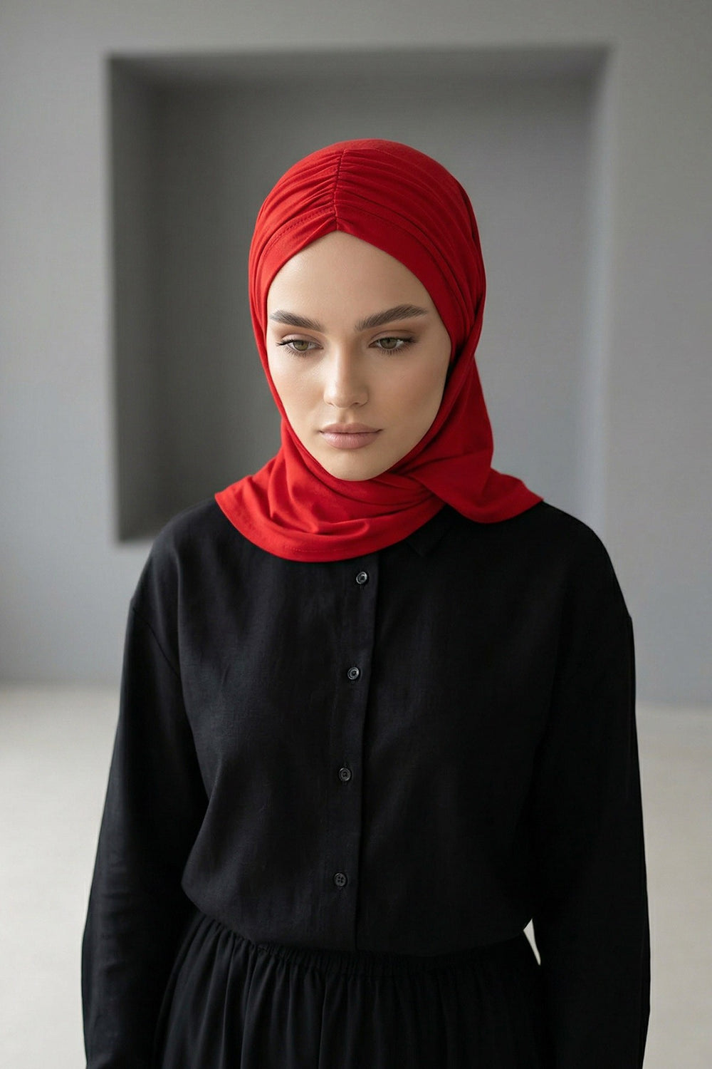 Pre-Styled Draped Jersey Hijab - Non-Slip, Breathable & Comfortable Ready-to-Wear Shawl,CPS-95 Red