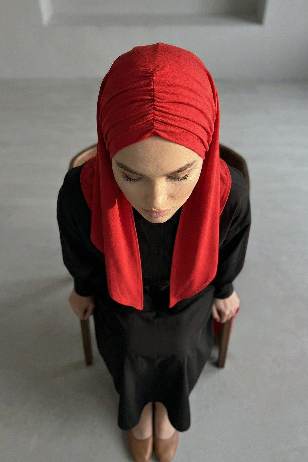 Pre-Styled Draped Jersey Hijab - Non-Slip, Breathable & Comfortable Ready-to-Wear Shawl,CPS-95 Red