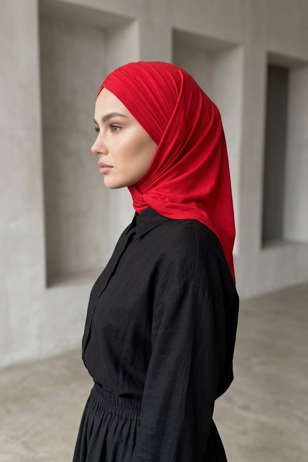 Pre-Styled Draped Jersey Hijab - Non-Slip, Breathable & Comfortable Ready-to-Wear Shawl,CPS-95 Red