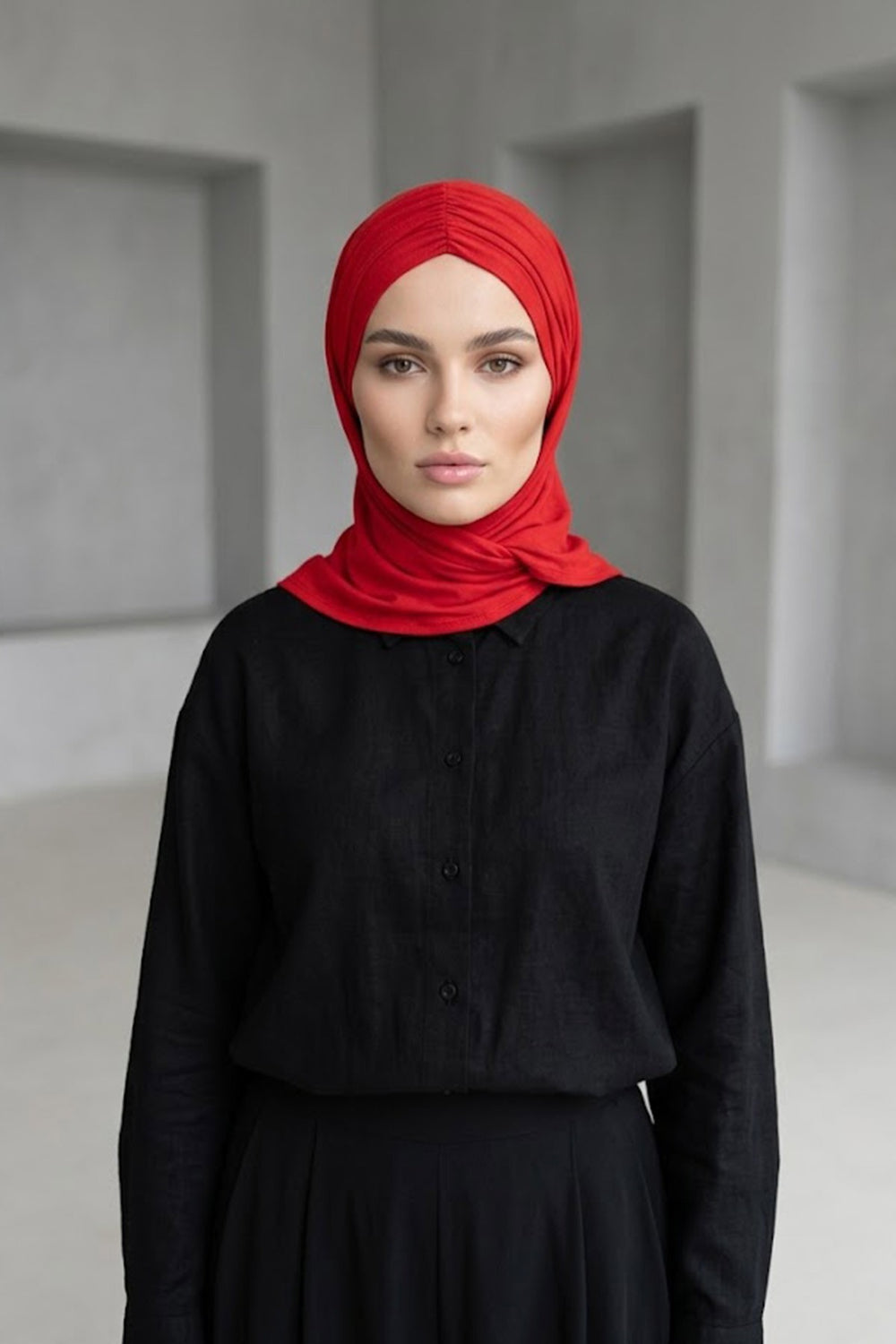 Pre-Styled Draped Jersey Hijab - Non-Slip, Breathable & Comfortable Ready-to-Wear Shawl,CPS-95 Red