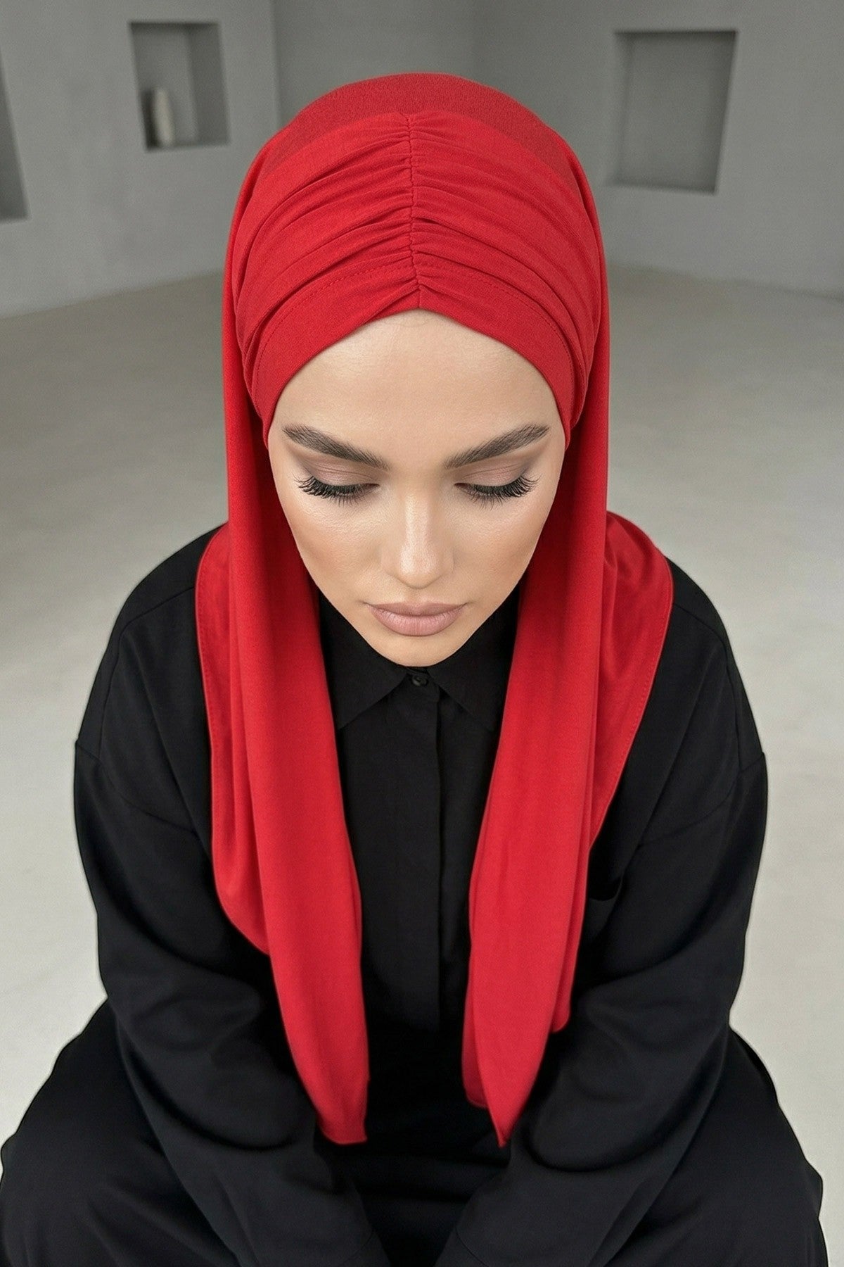 Pre-Styled Draped Jersey Hijab - Non-Slip, Breathable & Comfortable Ready-to-Wear Shawl,CPS-95 Red