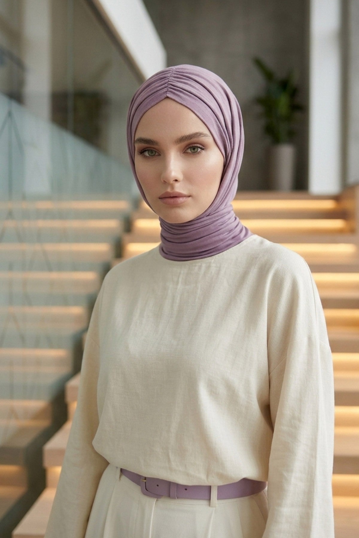 Pre-Styled Draped Jersey Hijab - Non-Slip, Breathable & Comfortable Ready-to-Wear Shawl,CPS-95 Lilac