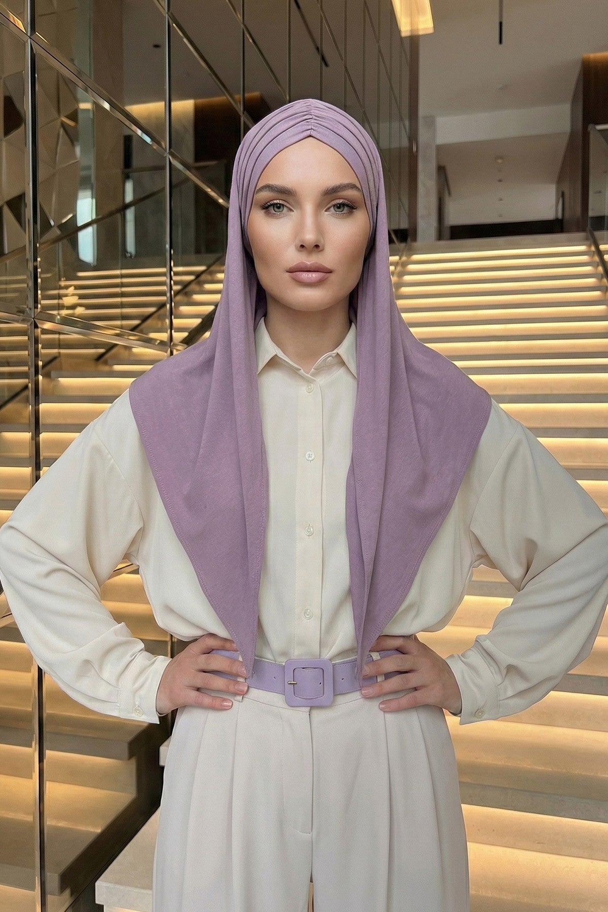 Pre-Styled Draped Jersey Hijab - Non-Slip, Breathable & Comfortable Ready-to-Wear Shawl,CPS-95 Lilac