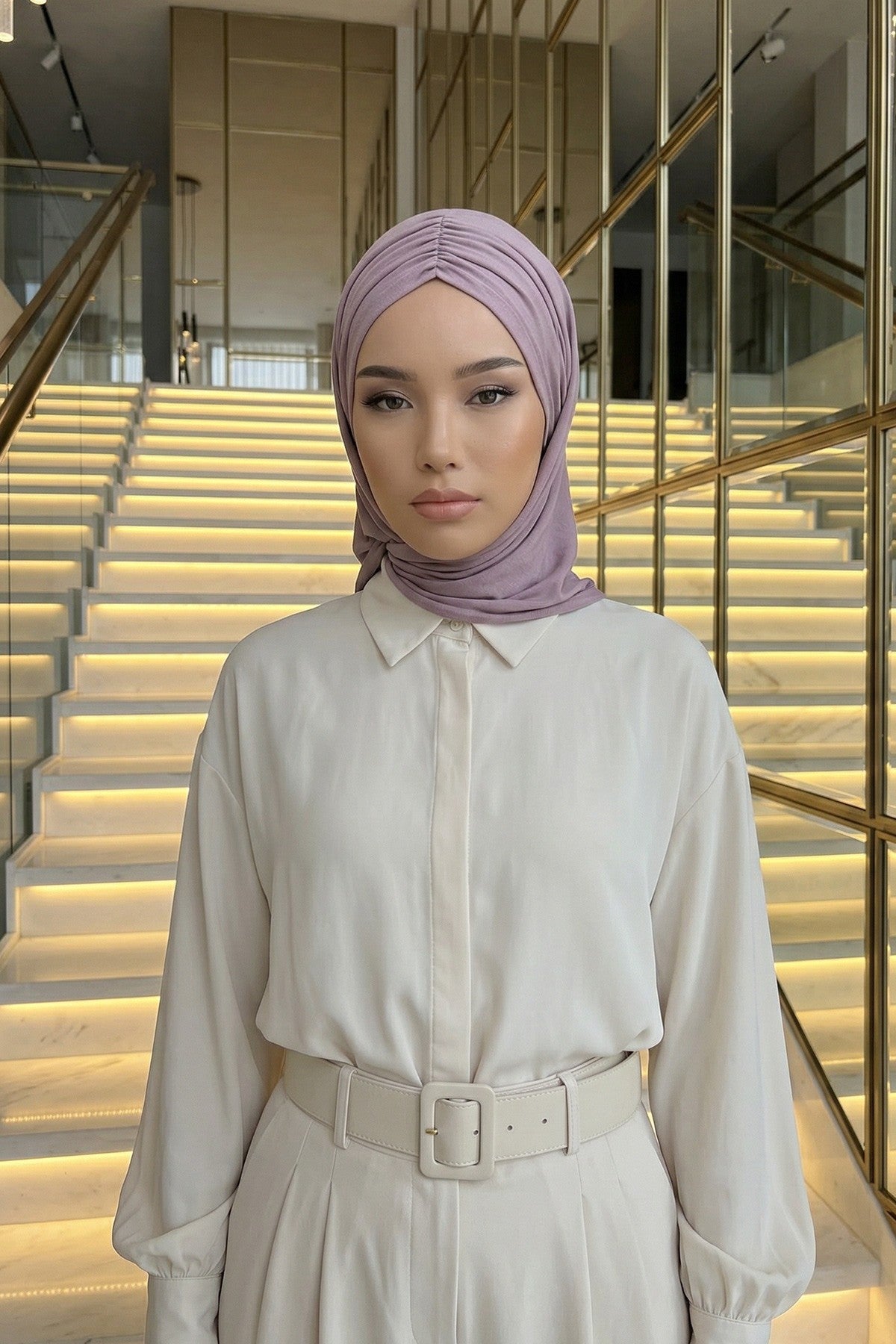 Pre-Styled Draped Jersey Hijab - Non-Slip, Breathable & Comfortable Ready-to-Wear Shawl,CPS-95 Lilac