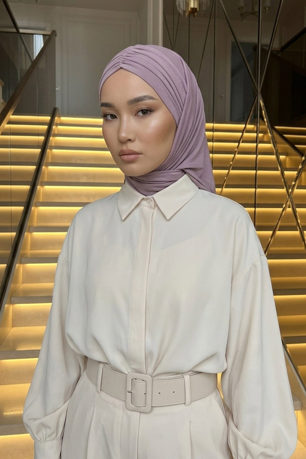 Pre-Styled Draped Jersey Hijab - Non-Slip, Breathable & Comfortable Ready-to-Wear Shawl,CPS-95 Lilac