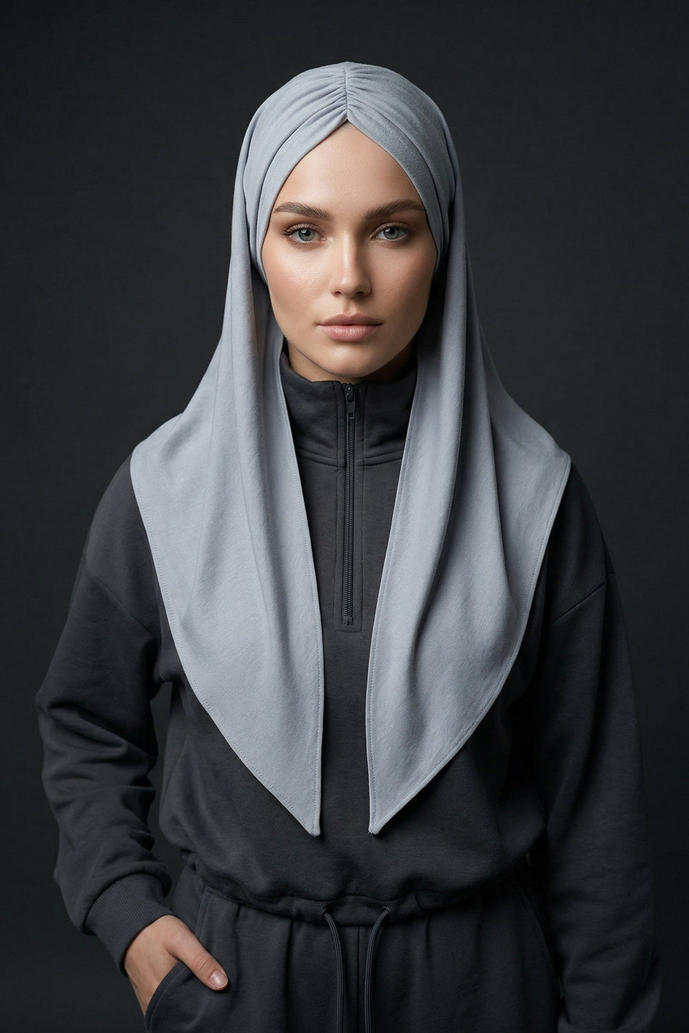 Pre-Styled Draped Jersey Hijab - Non-Slip, Breathable & Comfortable Ready-to-Wear Shawl,CPS-95 Grey 2
