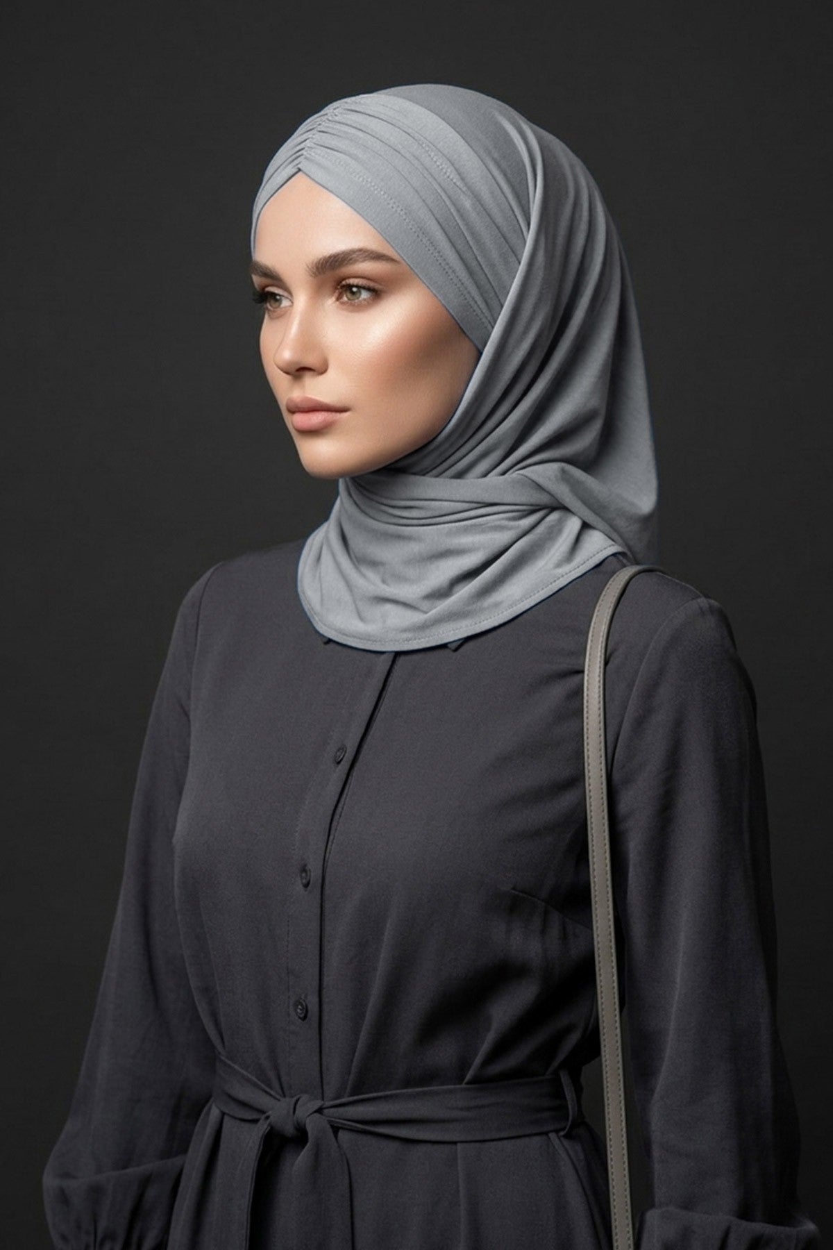 Pre-Styled Draped Jersey Hijab - Non-Slip, Breathable & Comfortable Ready-to-Wear Shawl,CPS-95 Grey 2
