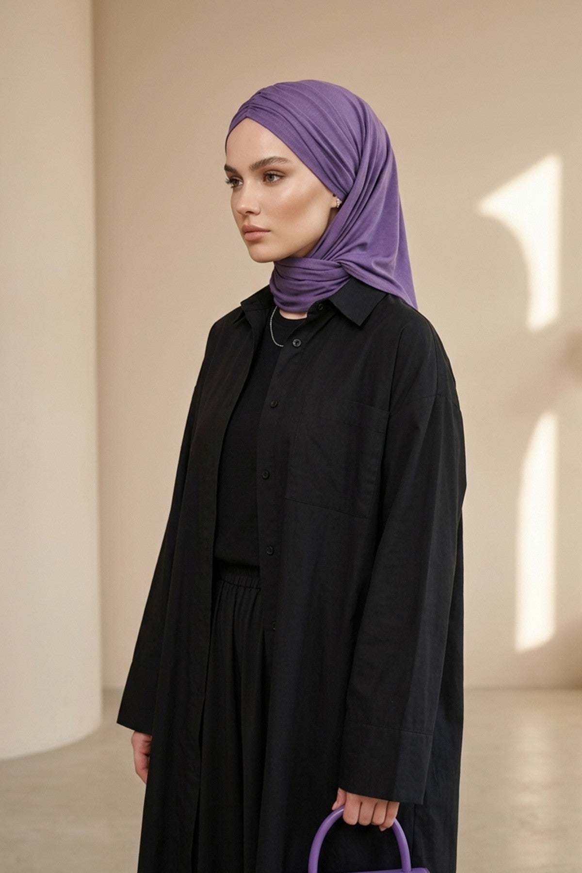 Pre-Styled Draped Jersey Hijab - Non-Slip, Breathable & Comfortable Ready-to-Wear Shawl,CPS-95 Purple 2