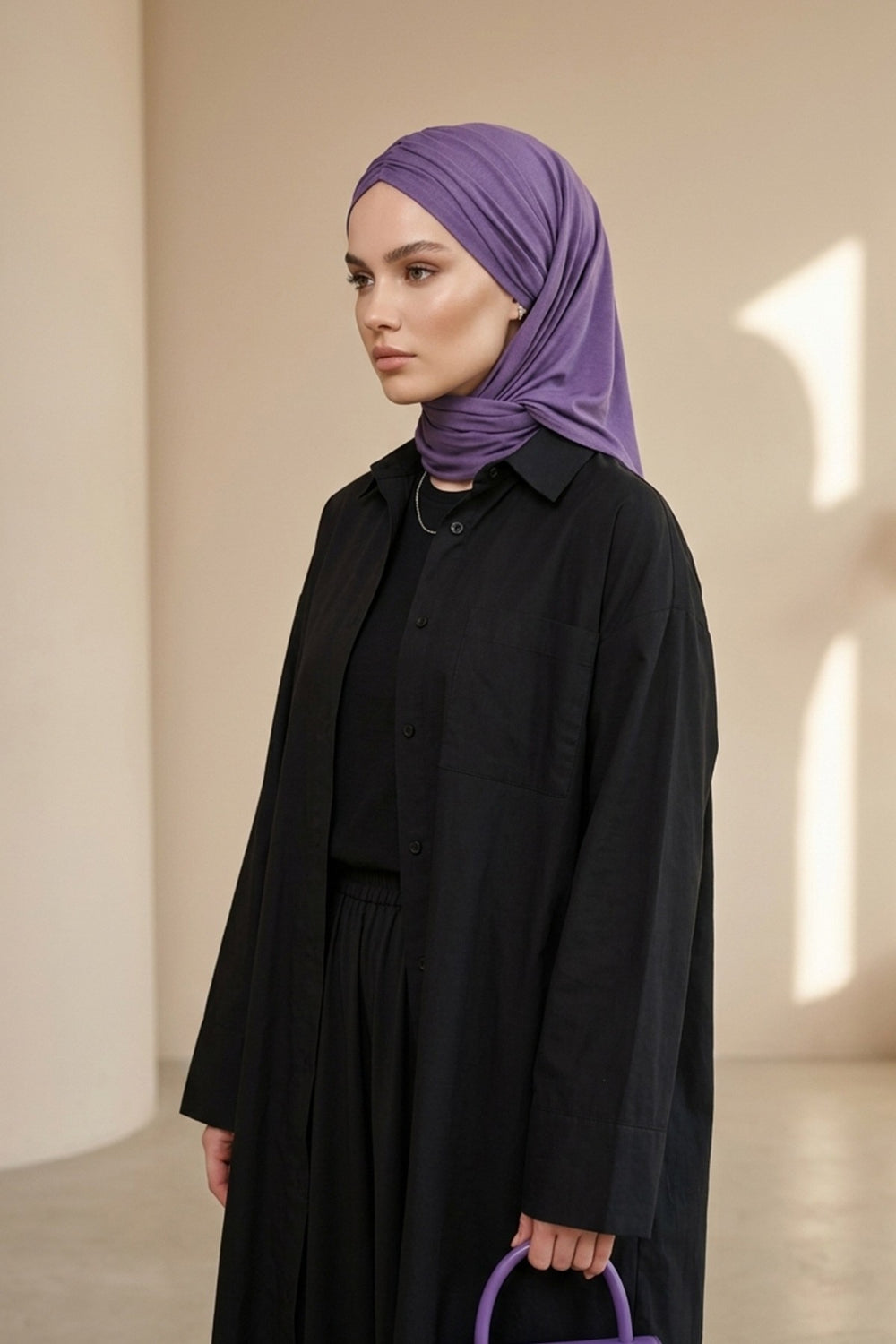 Pre-Styled Draped Jersey Hijab - Non-Slip, Breathable & Comfortable Ready-to-Wear Shawl,CPS-95 Purple 2