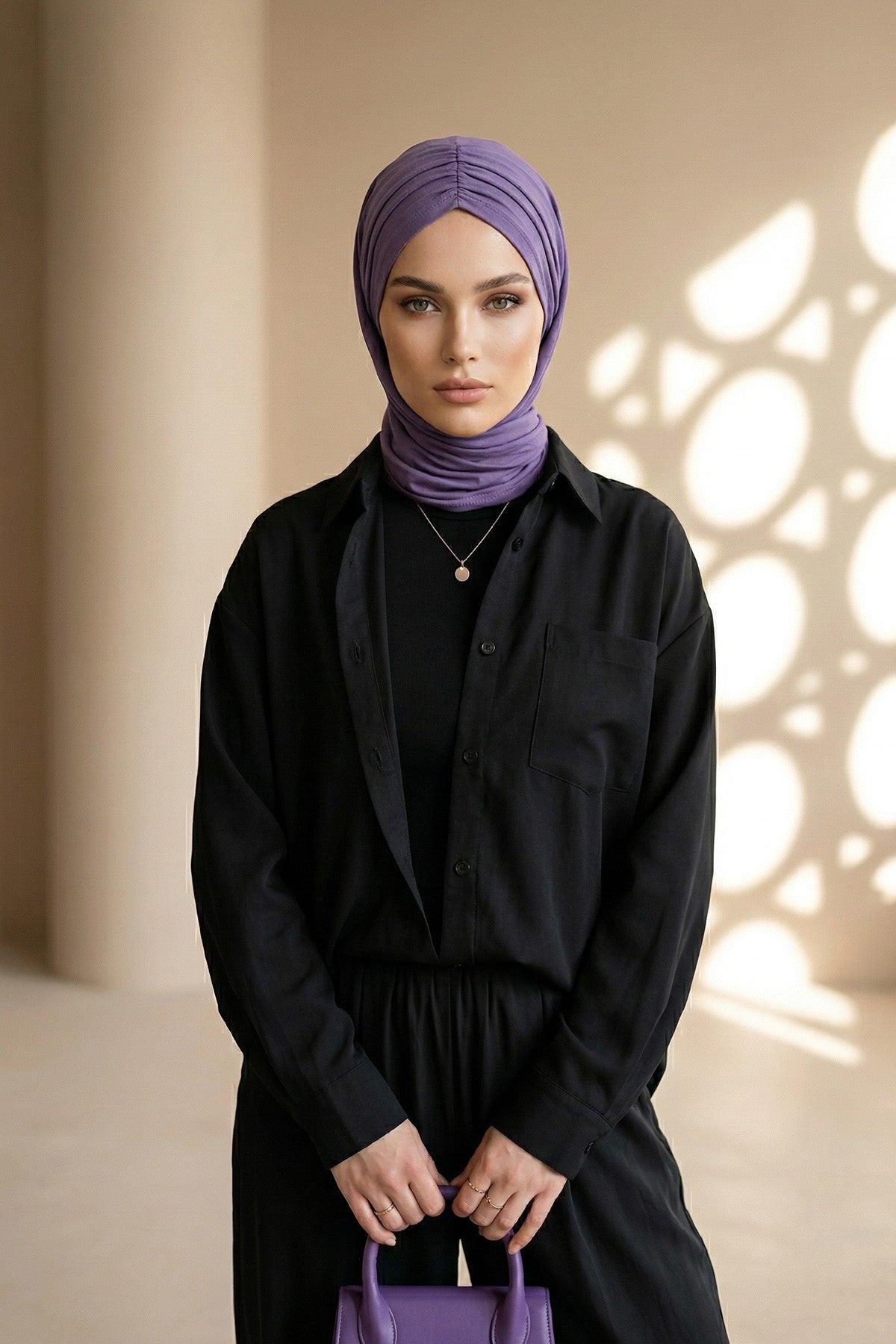Pre-Styled Draped Jersey Hijab - Non-Slip, Breathable & Comfortable Ready-to-Wear Shawl,CPS-95 Purple 2