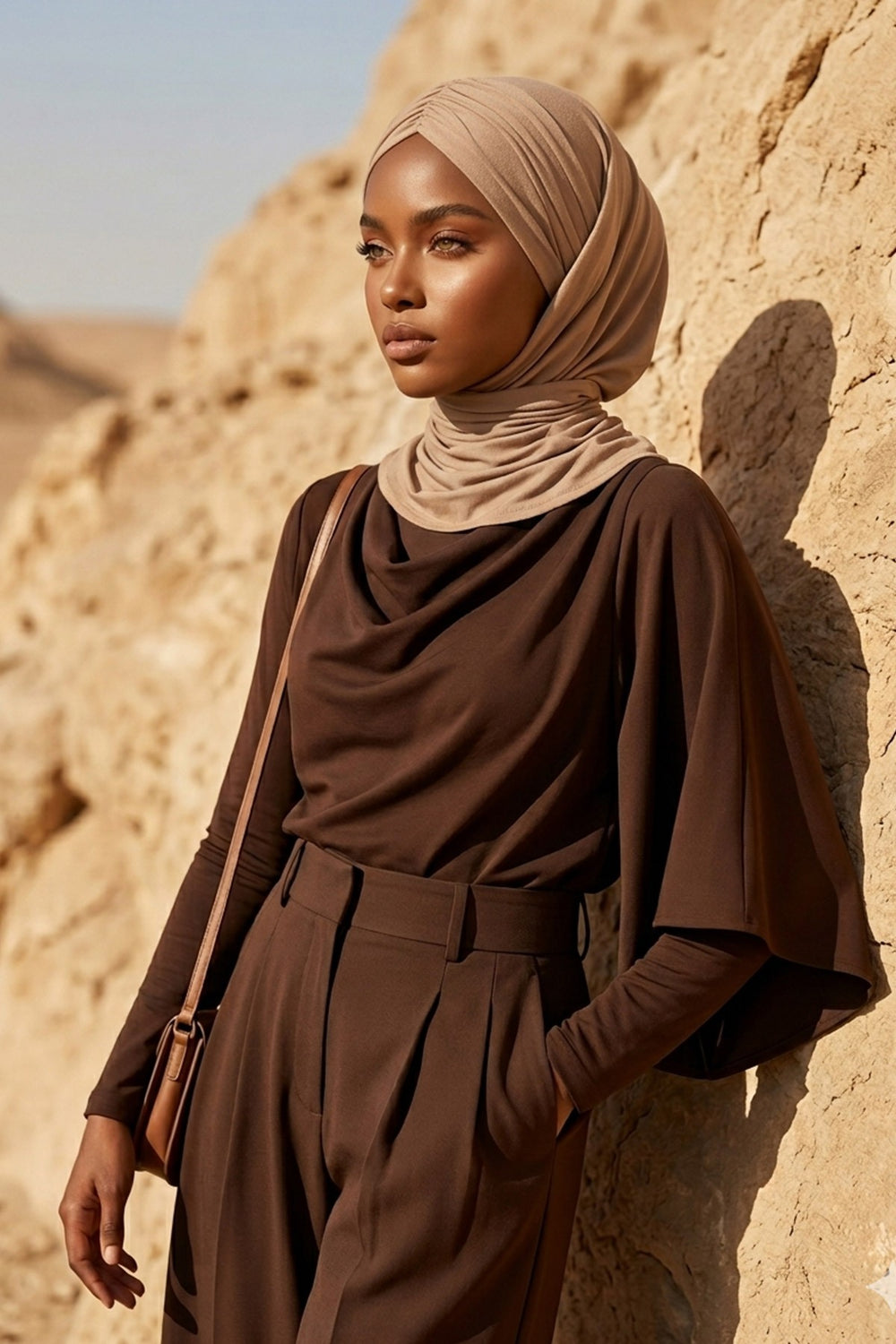Pre-Styled Draped Jersey Hijab - Non-Slip, Breathable & Comfortable Ready-to-Wear Shawl,CPS-95 Sand Brown