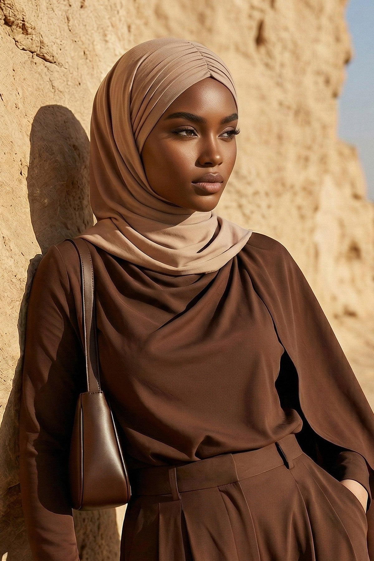 Pre-Styled Draped Jersey Hijab - Non-Slip, Breathable & Comfortable Ready-to-Wear Shawl,CPS-95 Sand Brown