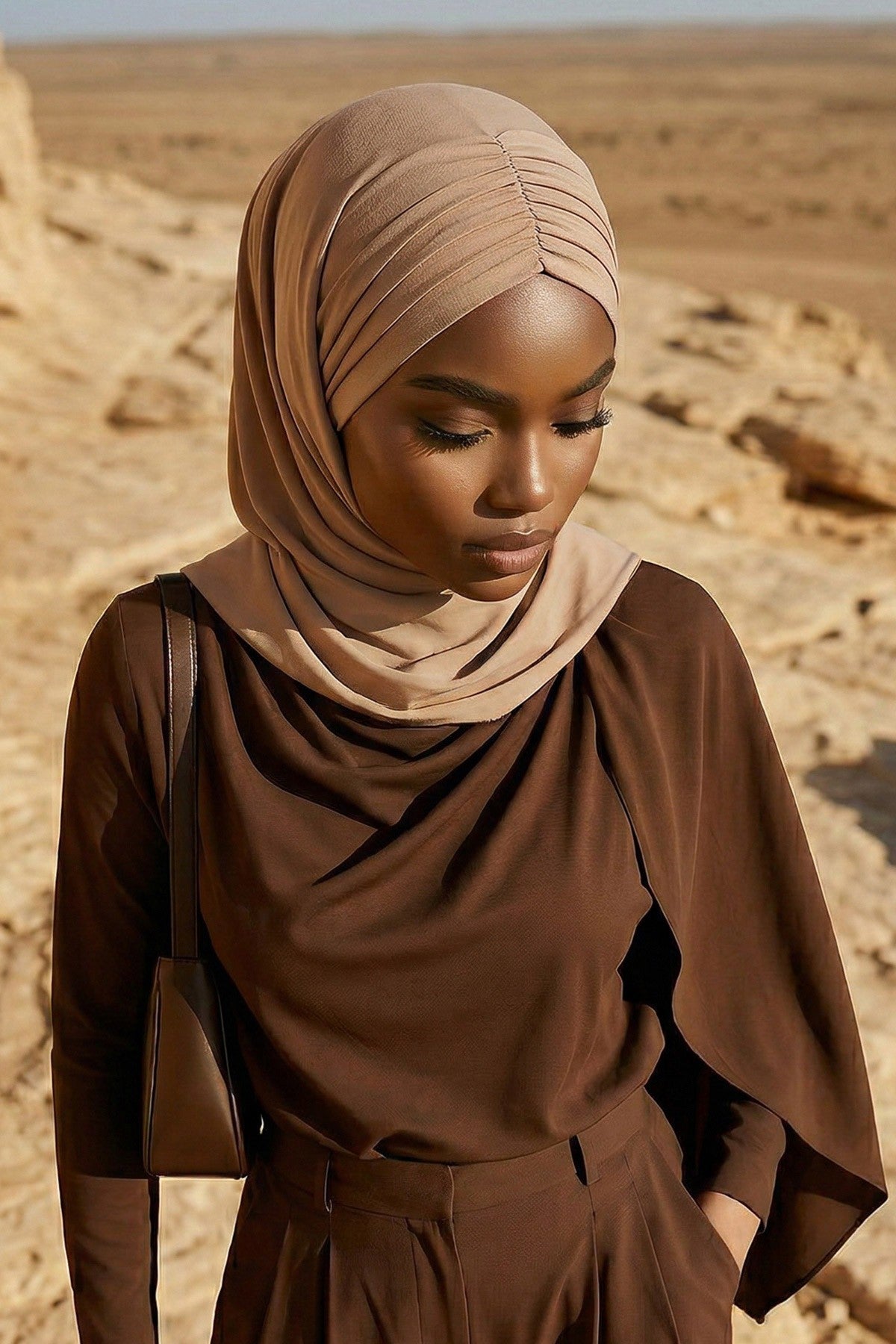 Pre-Styled Draped Jersey Hijab - Non-Slip, Breathable & Comfortable Ready-to-Wear Shawl,CPS-95 Sand Brown