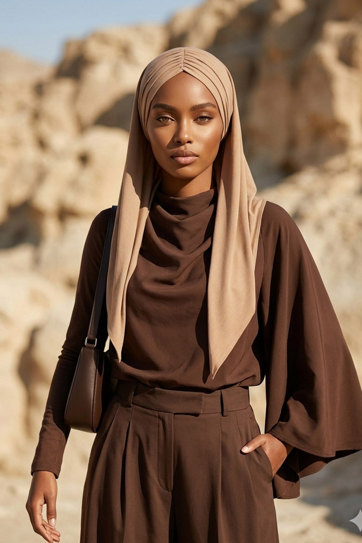 Pre-Styled Draped Jersey Hijab - Non-Slip, Breathable & Comfortable Ready-to-Wear Shawl,CPS-95 Sand Brown