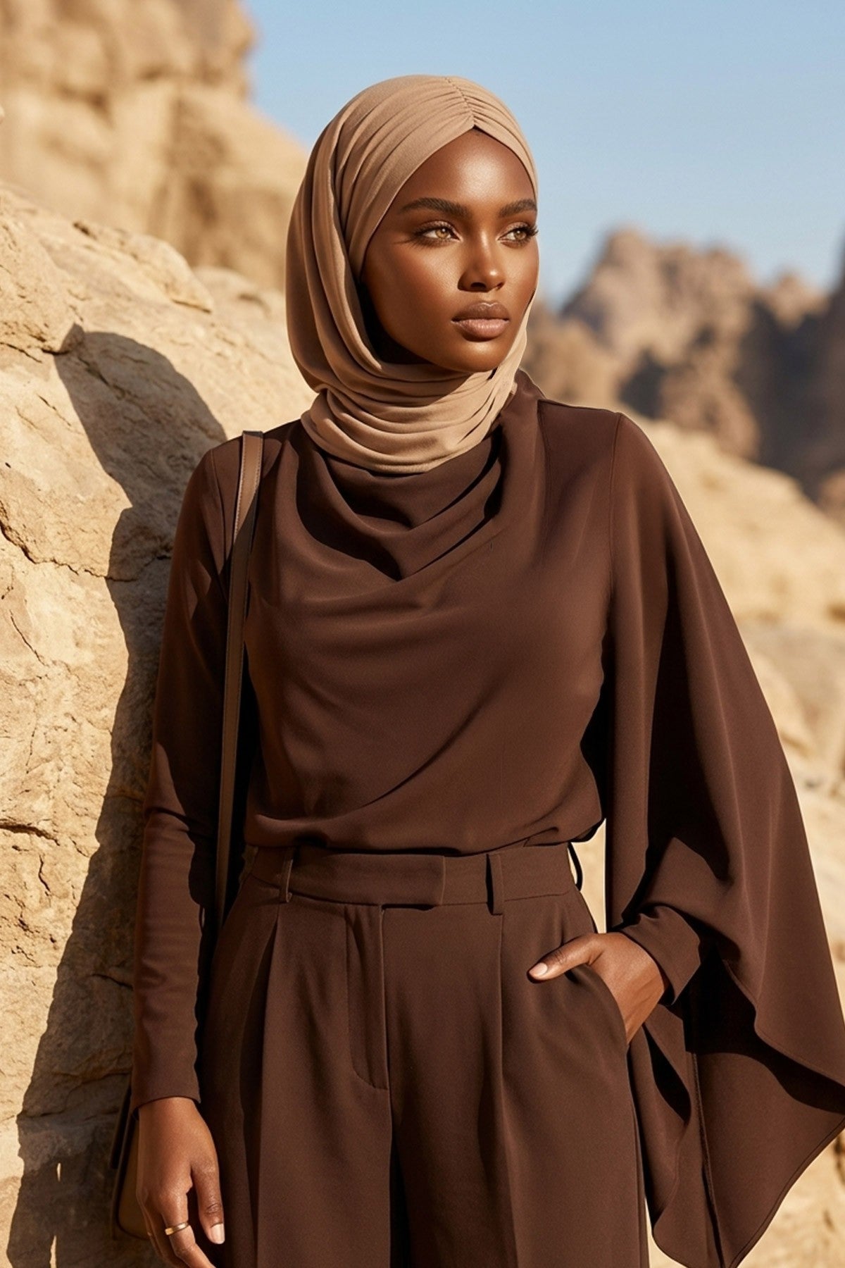 Pre-Styled Draped Jersey Hijab - Non-Slip, Breathable & Comfortable Ready-to-Wear Shawl,CPS-95 Sand Brown