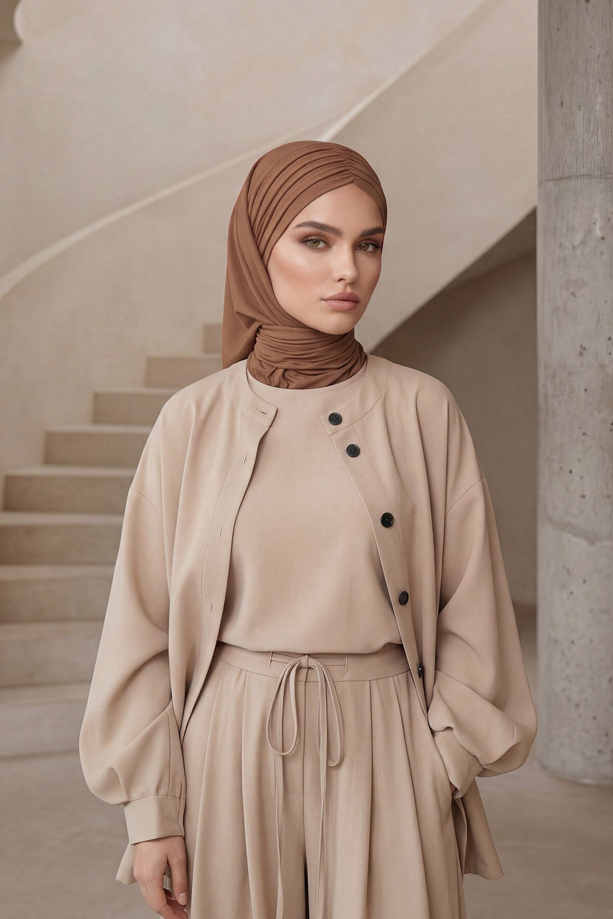 Pre-Styled Draped Jersey Hijab - Non-Slip, Breathable & Comfortable Ready-to-Wear Shawl,CPS-95 Caramel Brown