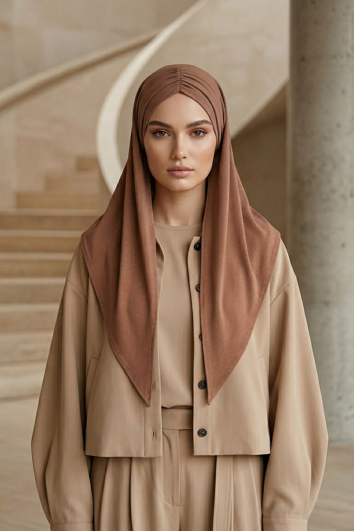 Pre-Styled Draped Jersey Hijab - Non-Slip, Breathable & Comfortable Ready-to-Wear Shawl,CPS-95 Caramel Brown