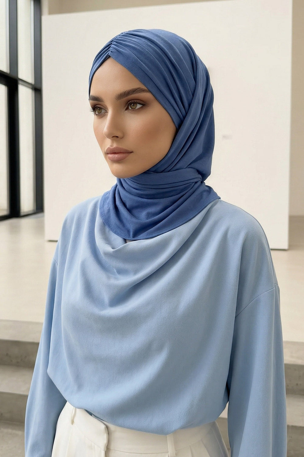 Pre-Styled Draped Jersey Hijab - Non-Slip, Breathable & Comfortable Ready-to-Wear Shawl,CPS-95 İndigo