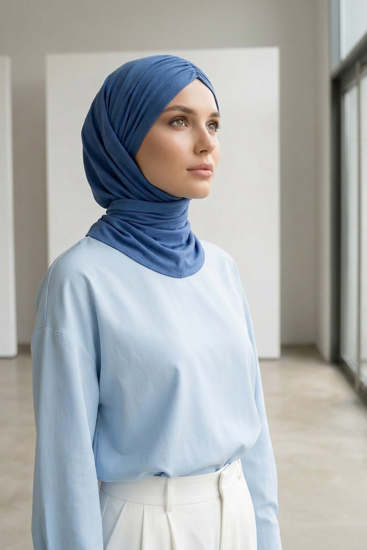 Pre-Styled Draped Jersey Hijab - Non-Slip, Breathable & Comfortable Ready-to-Wear Shawl,CPS-95 İndigo
