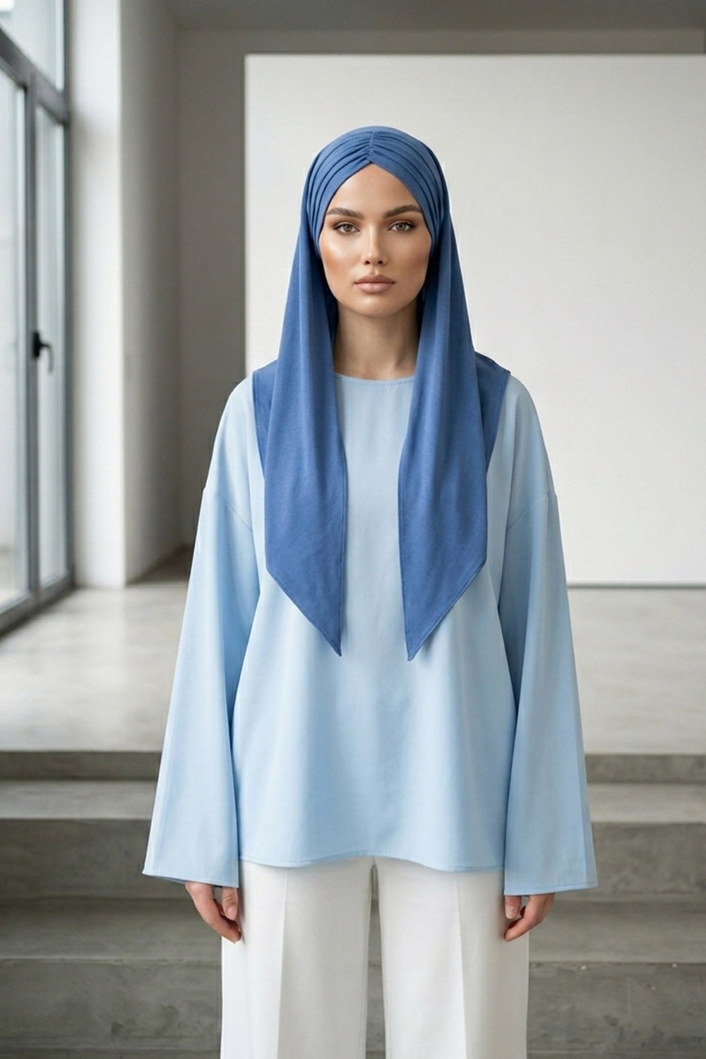 Pre-Styled Draped Jersey Hijab - Non-Slip, Breathable & Comfortable Ready-to-Wear Shawl,CPS-95 İndigo