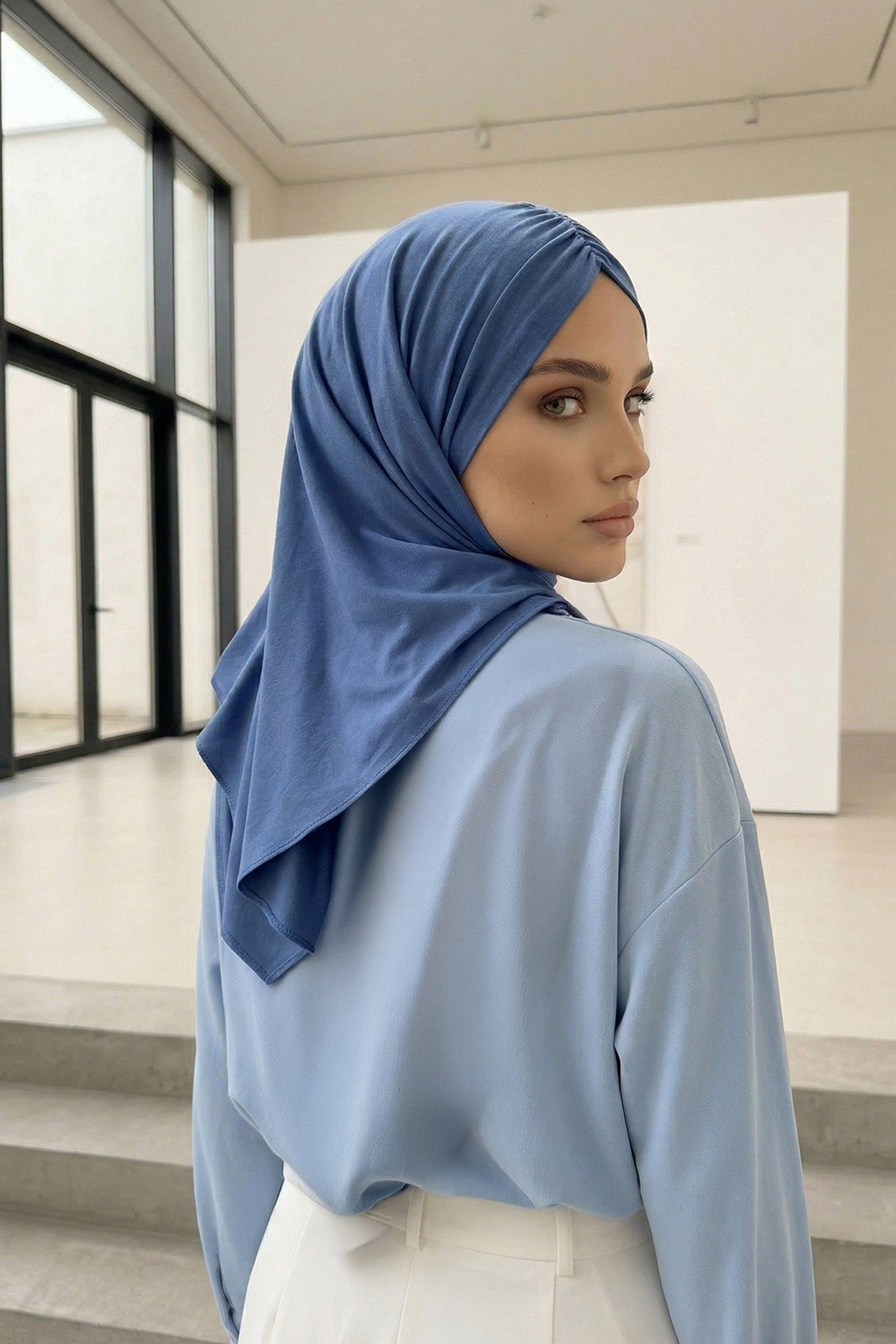 Pre-Styled Draped Jersey Hijab - Non-Slip, Breathable & Comfortable Ready-to-Wear Shawl,CPS-95 İndigo