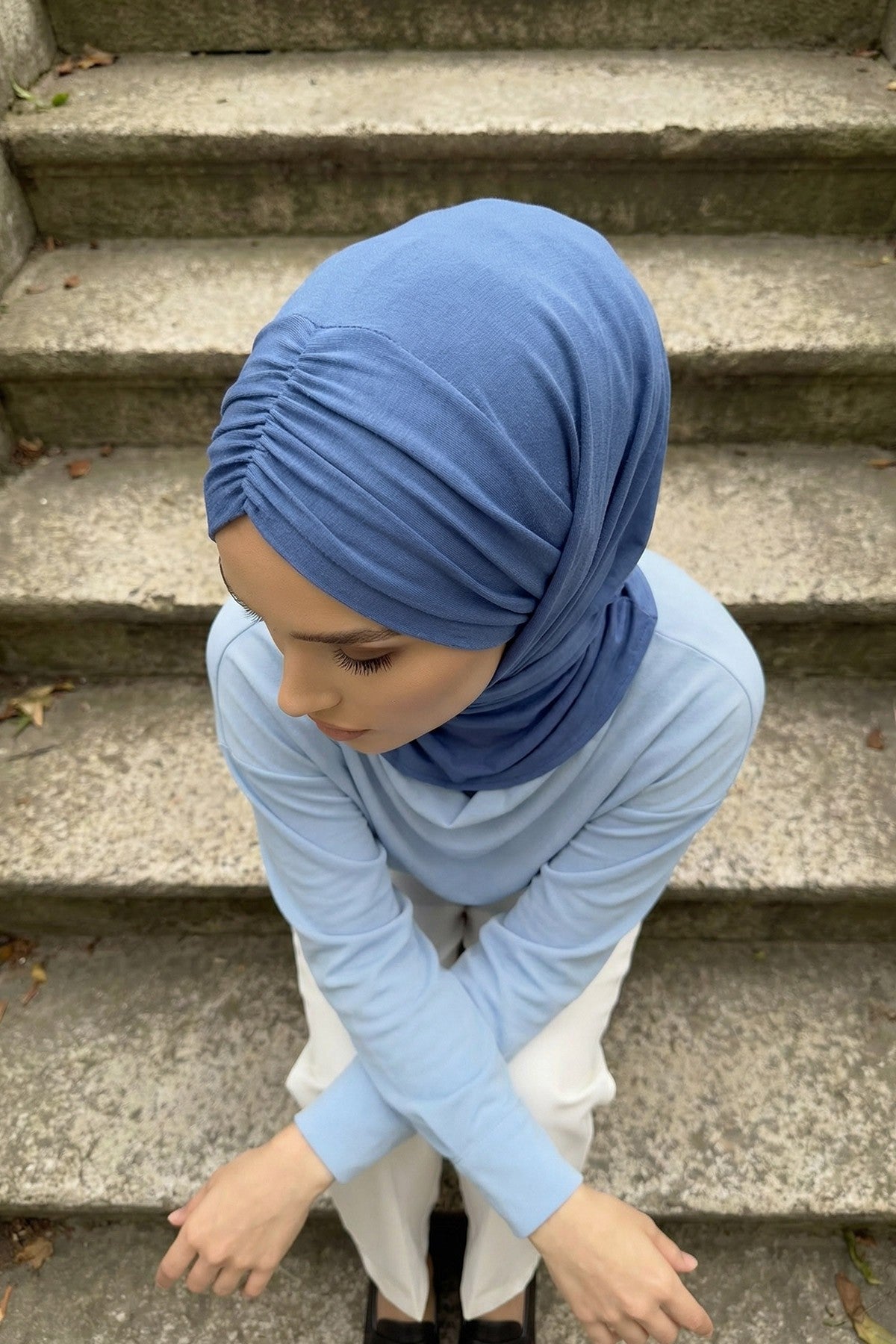 Pre-Styled Draped Jersey Hijab - Non-Slip, Breathable & Comfortable Ready-to-Wear Shawl,CPS-95 İndigo