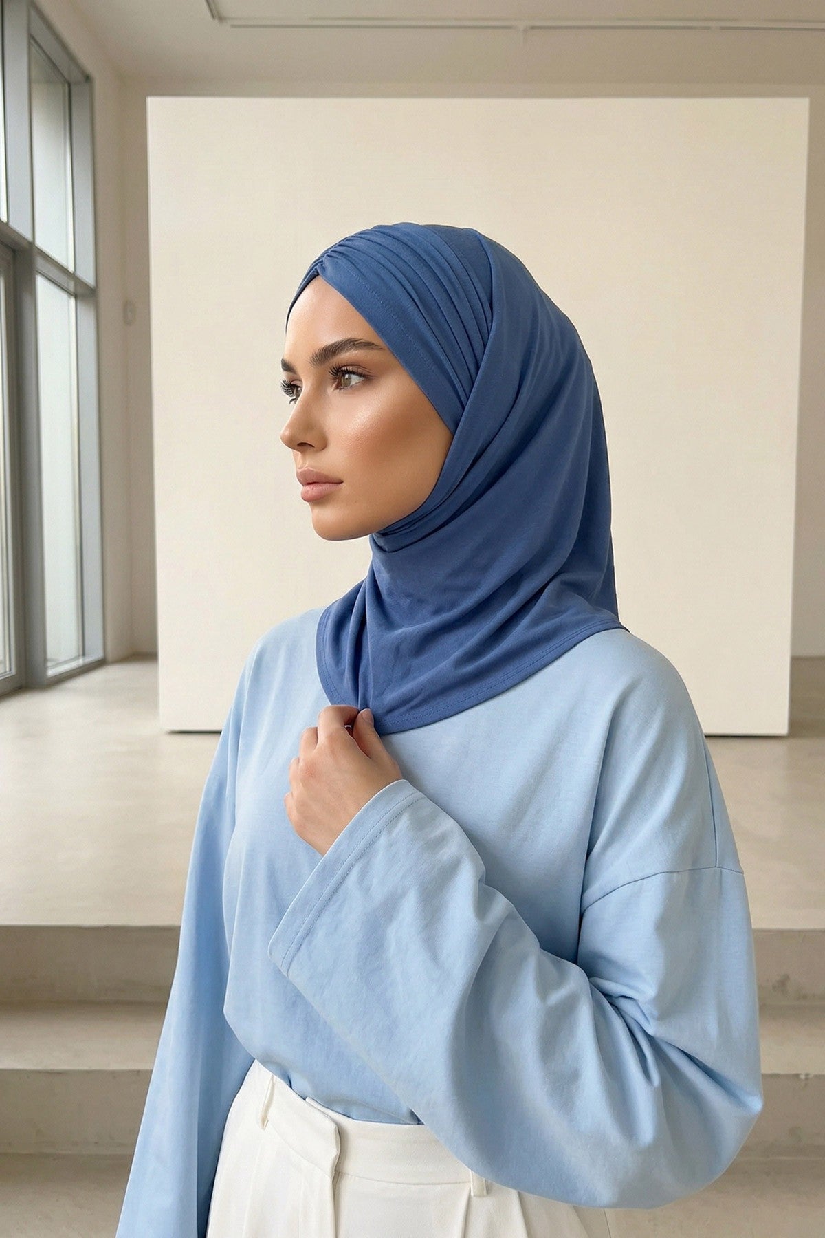 Pre-Styled Draped Jersey Hijab - Non-Slip, Breathable & Comfortable Ready-to-Wear Shawl,CPS-95 İndigo