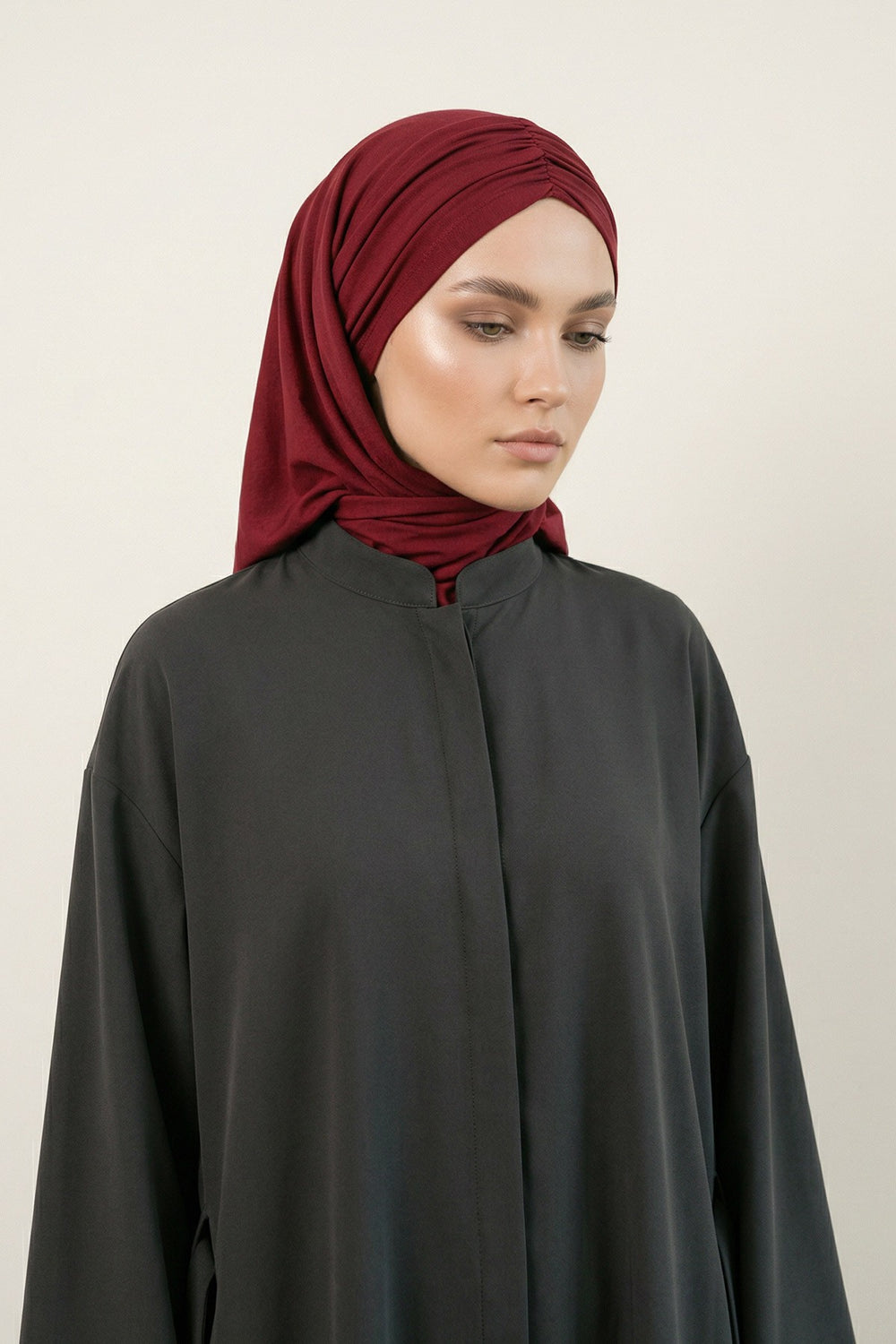 Pre-Styled Draped Jersey Hijab - Non-Slip, Breathable & Comfortable Ready-to-Wear Shawl,CPS-95 Maroon